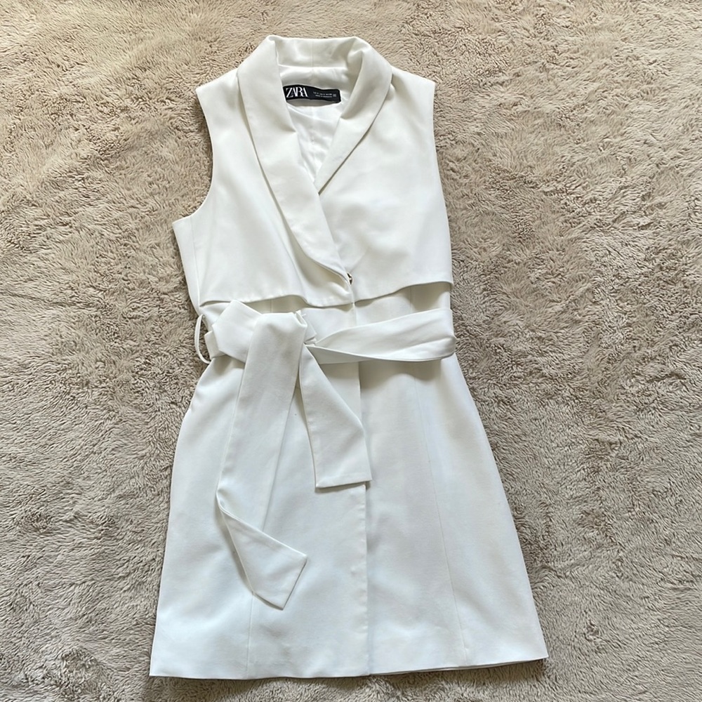 Zara suit short dress tie waist off white small size